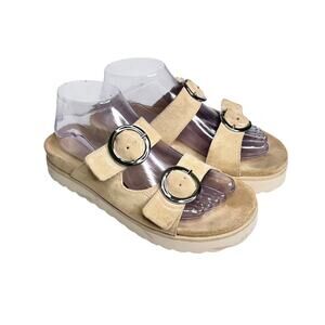 Schutz Light Tan Suede Double Buckle Flat Slip On Contoured Foodbed Sandals